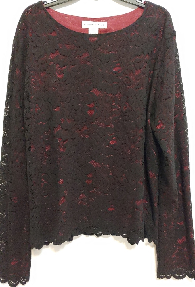 Preston & York Women's Black Lace Overlay Red Pullover Long Sleeve Blouse XL